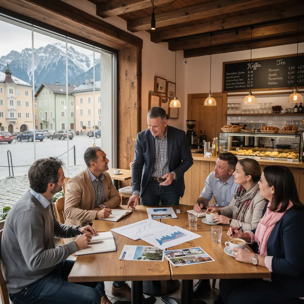 Ein Gruppenbild von Teilnehmern während eines Immobilientrainings in einem modernen Seminarraum.