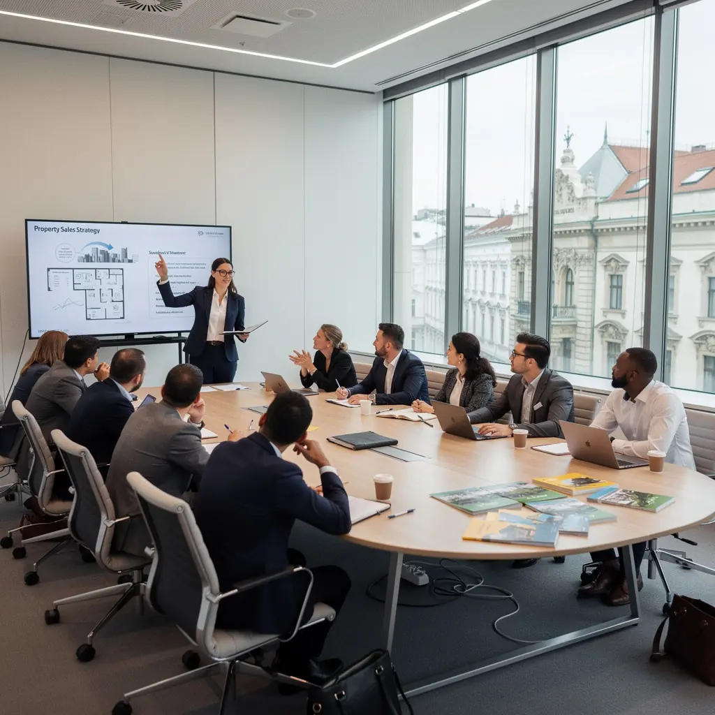 Eine Präsentation über Immobilieninvestitionen mit Diagrammen und Statistiken auf einem großen Bildschirm.