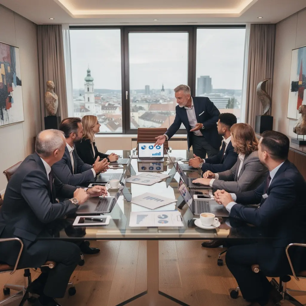 Ein Trainer, der Strategien zum Kauf und Verkauf von Immobilien auf einer Präsentationsfolie erklärt.