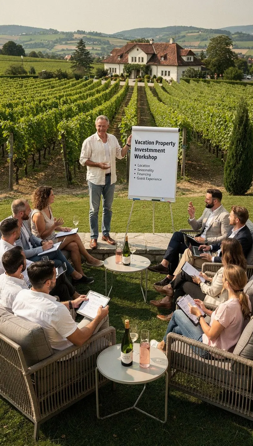 Ein Trainer, der Strategien zum Kauf und Verkauf von Immobilien auf einer Präsentationsfolie erklärt.