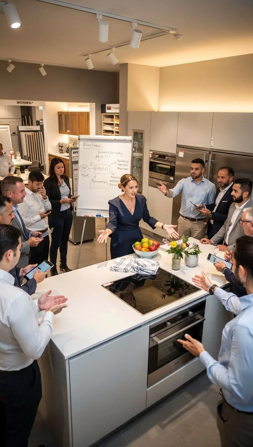 Ein Trainer, der Strategien zum Kauf und Verkauf von Immobilien auf einer Präsentationsfolie erklärt.