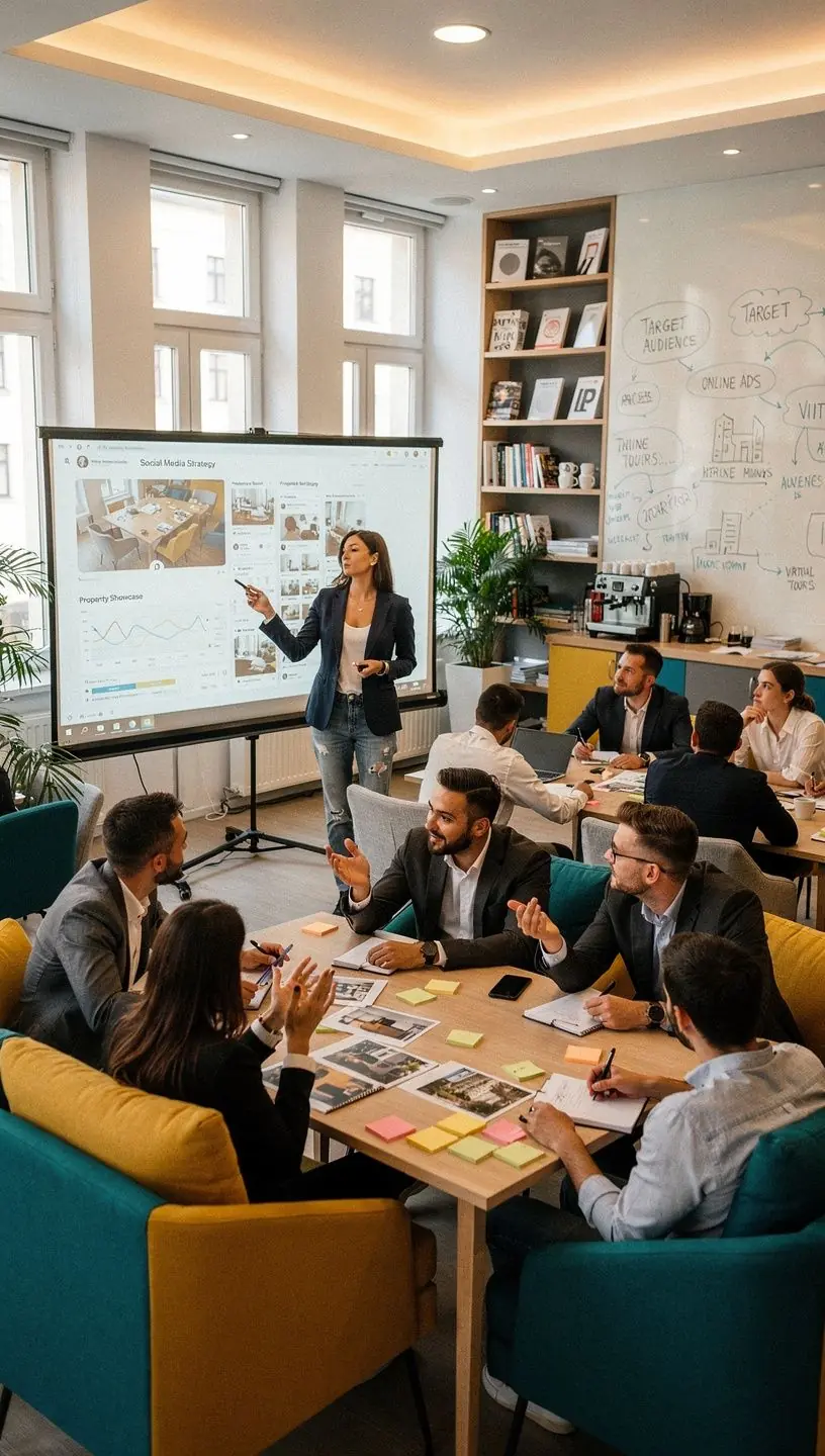 Ein Trainer, der Strategien zum Kauf und Verkauf von Immobilien auf einer Präsentationsfolie erklärt.