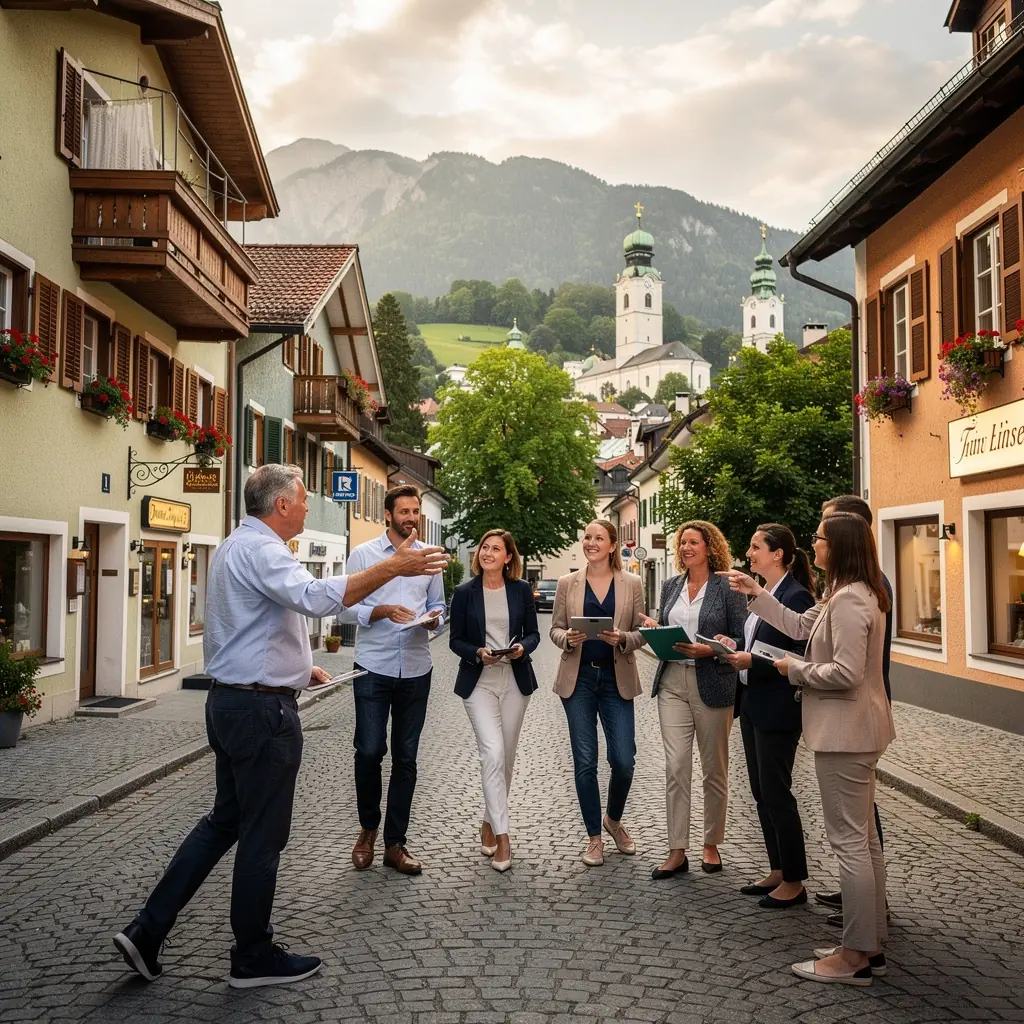 Ein Trainer, der Strategien zum Kauf und Verkauf von Immobilien auf einer Präsentationsfolie erklärt.