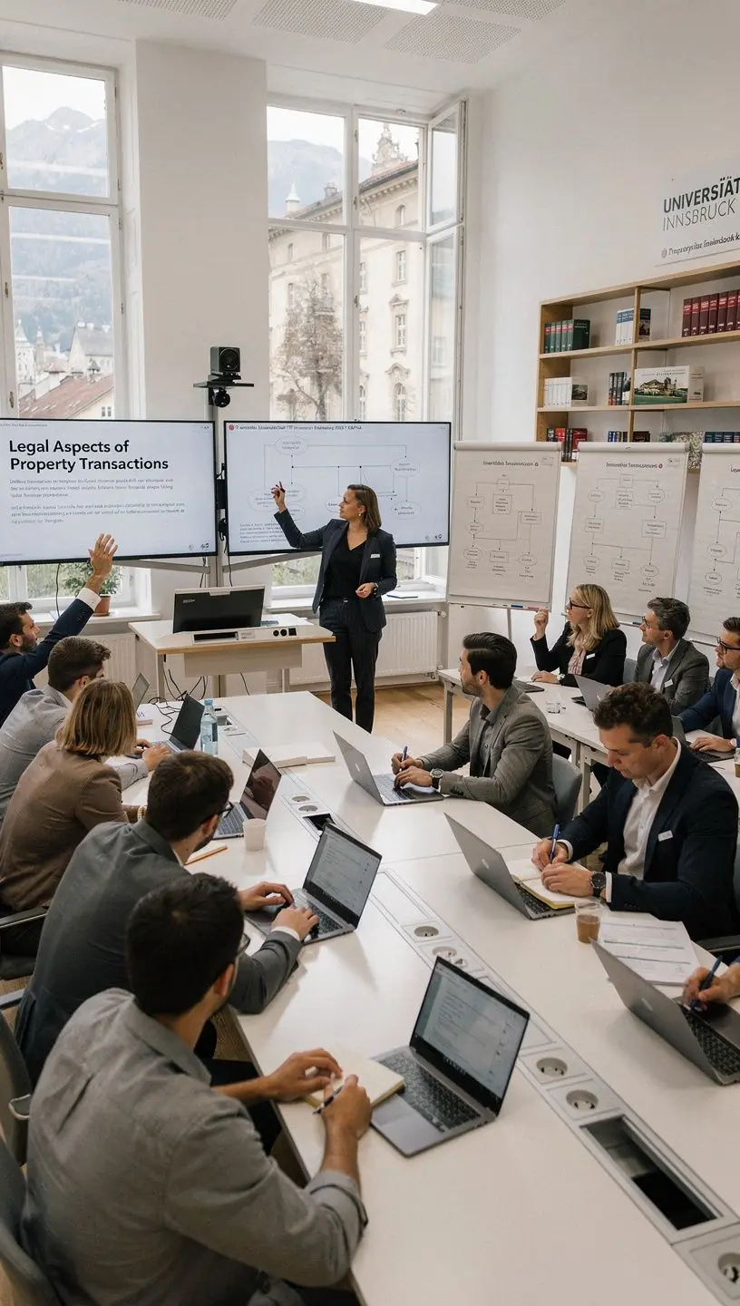 Eine Gruppe von Personen, die an einem Immobilienseminar teilnehmen und Notizen machen.